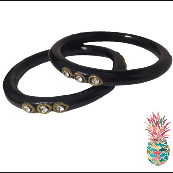 🍍Vintage 70’s Black & Gold Bangles With Crystals Very Art Deco - Picture 3 of 6